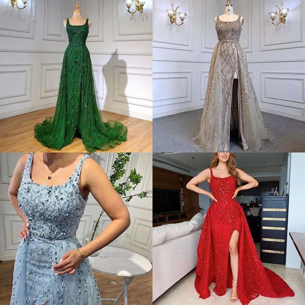 Serene Hill Red Beaded Split Evening Dresses Dubai Mermaid Elegant Sleeveless 2024 For Woman Party