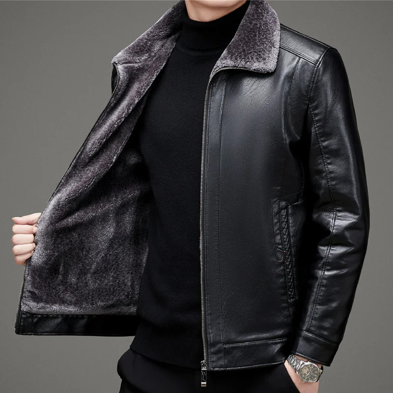 ZDT-8044 Winter Mens Genuine Leather Coat Plush Thick Casual Fur Integrated Collar Motorcycle Leather Jacket Coat 241023