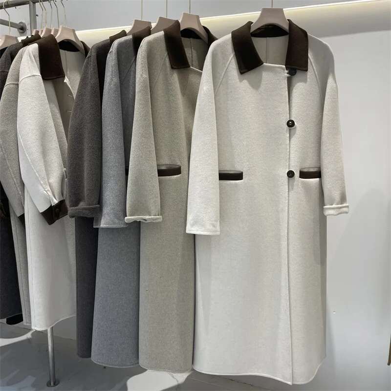 Rose High Quality New Korean Spring Long Double-Sided Cashmere Loose Coat Women Fashion Sheep Wool Jacket