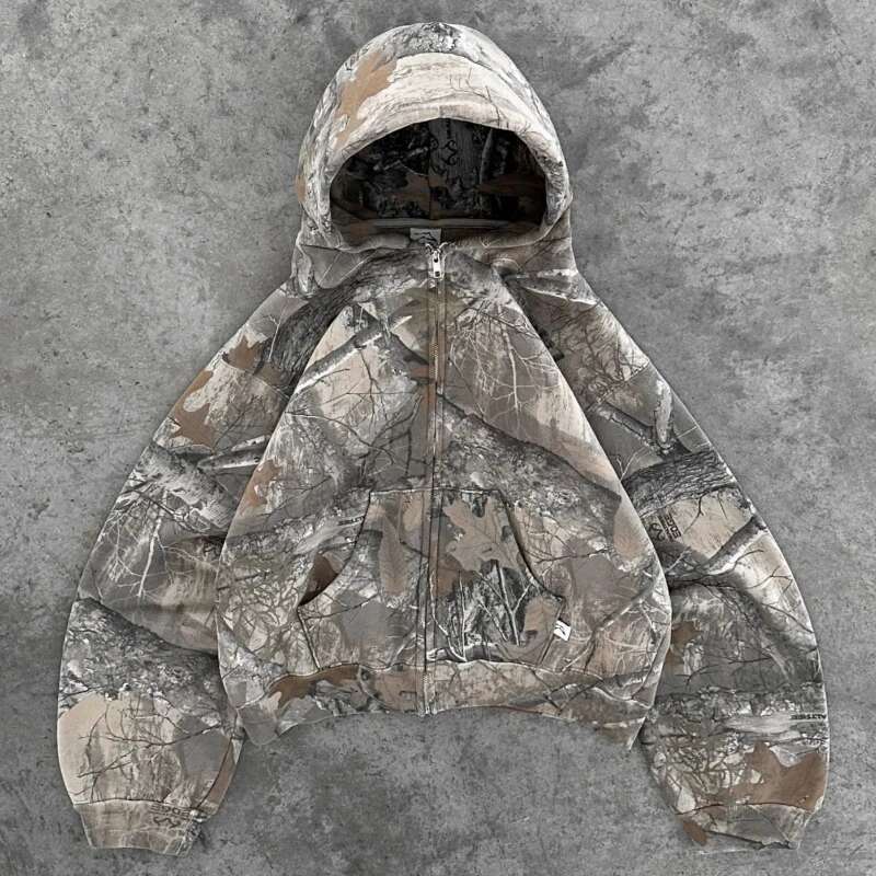 High end retro American do old camouflage zip up hooded jacket men and women spring fall workwear Y K sweatshirt streetwear wo