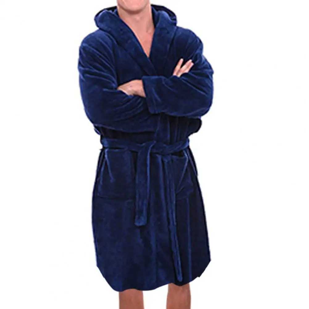 Solid color with flannel bathrobe hooded pocket warm mens pajamas long and thick absorbent looped bathrobe W241023