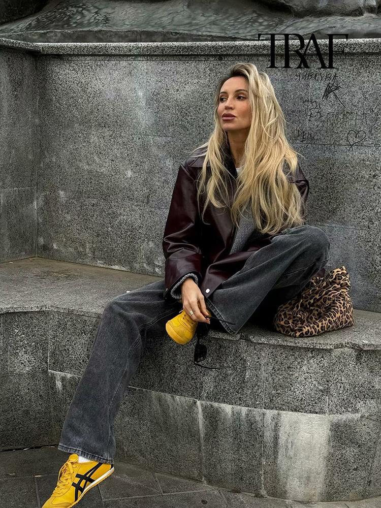 TRAF Women Fashion Lapel Zipper Patchwork Leather Retro Long Sleeve Pocket Autumn And Winter Street Style Jacket