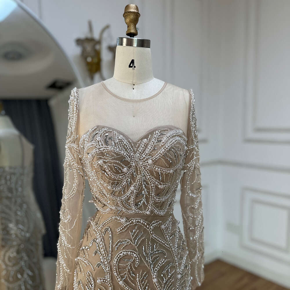 Serene Hill 2024 Nude Mermaid Pearls Beaded Arabic Evening Gowns for Formal Ocn Dress