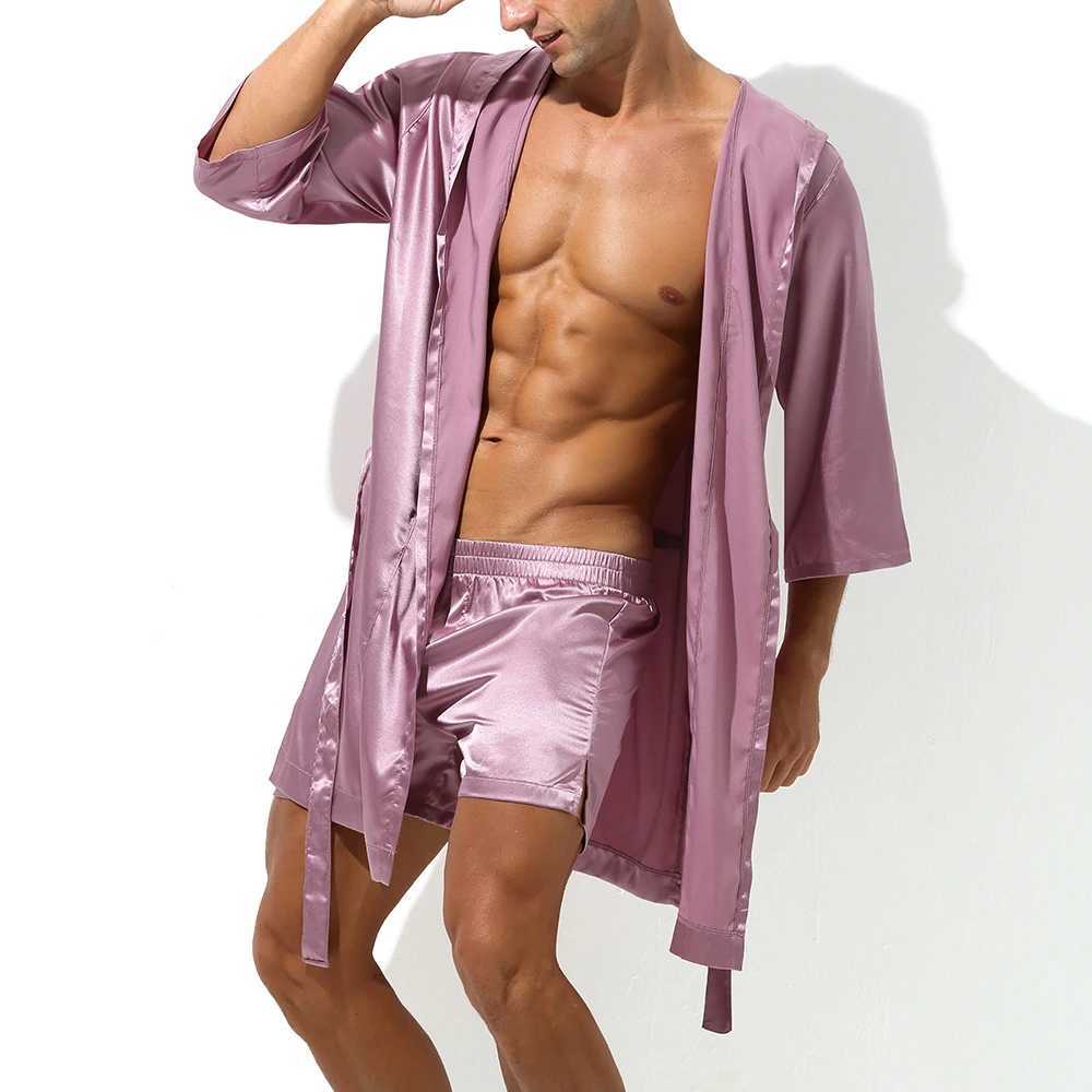 Hood Bathrobe Mens Shorts Set Pajamas Evening Dress Mens Silk Satin Night Light Kimono Bathrobe Spwear House Mens Robe W241023