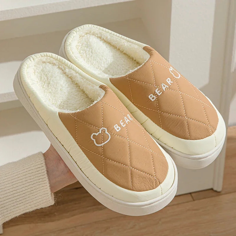 Autumn Winter Plush Warm Women Cotton Slippers Indoor Home Casual Toe Wrap Thick Slides Men Anti Slip Vamp Waterproof Soft Shoes
