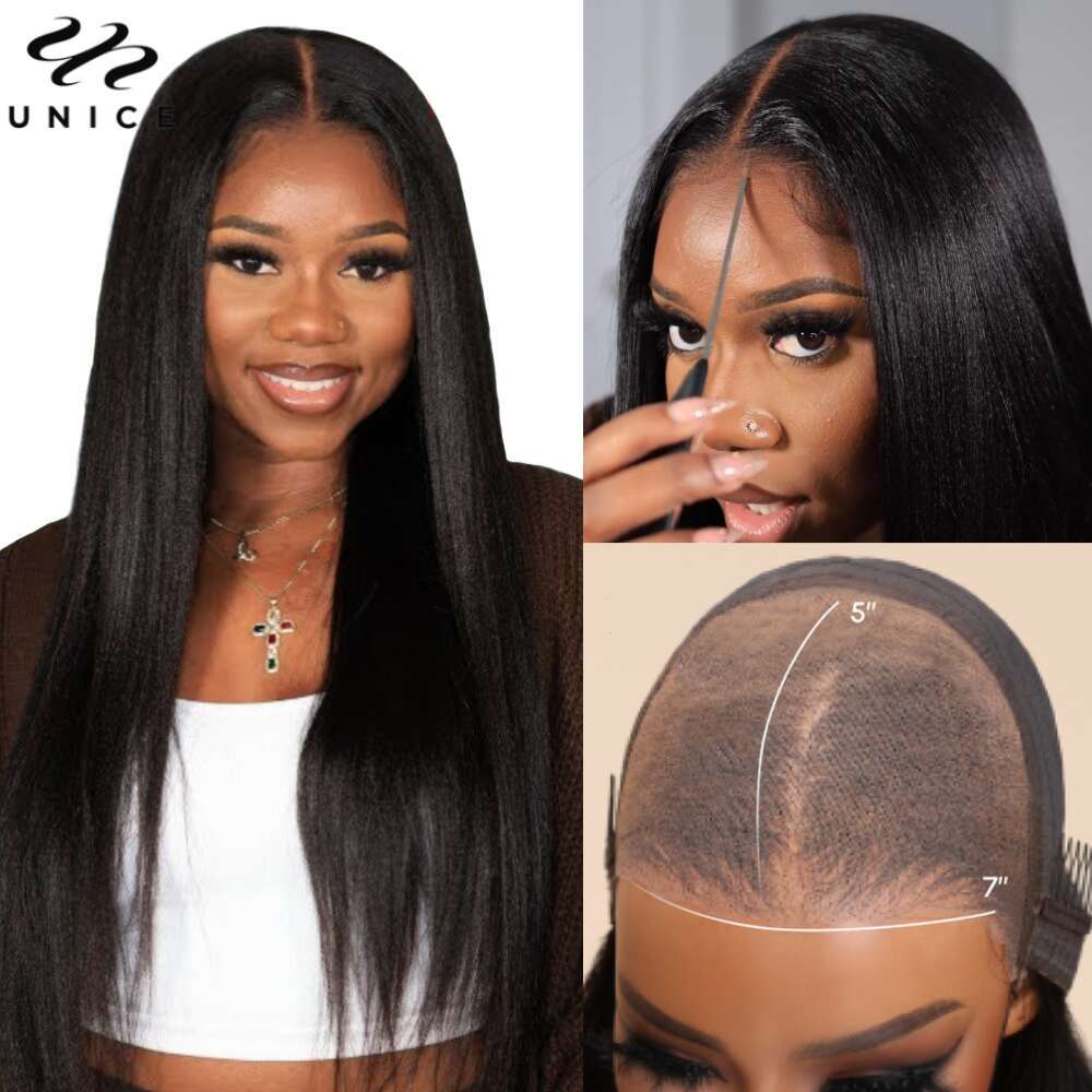 UNice Everything 7x5 Yaki Straight Bleached Knots Pre Cut Lace Human Hair Glueless Wig Ready To Wear And Go