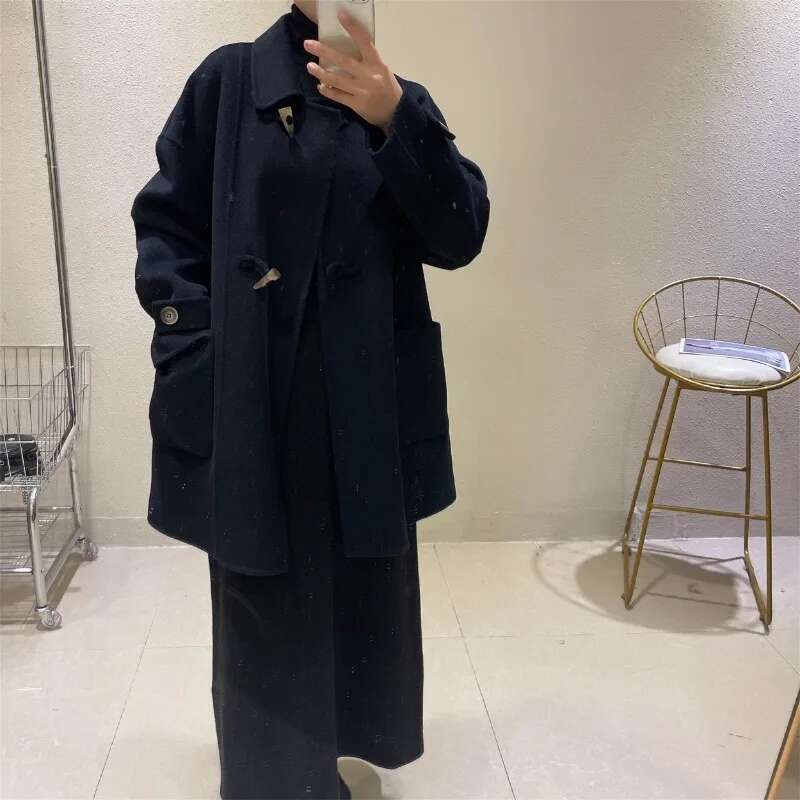 Rose Long Cashmere Autumn/Winter Woolen Horn Buckle Doll Collar Loose Version Double-Sided Handmade Women's