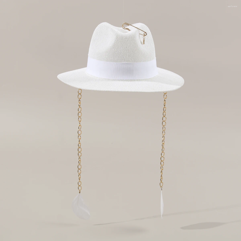 Berets 2025 Feather Chain Sun Straw Hats For Women Fashion Pin Ladies White Black Party Summer Beach Hat Wide Brim