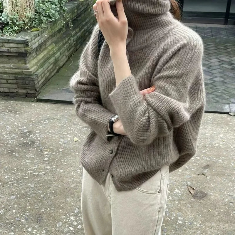Turtleneck cardigan wool womens 100% pure wool sweater autumn and winter loose thick cashmere bottom sweater knitted jacket 241022