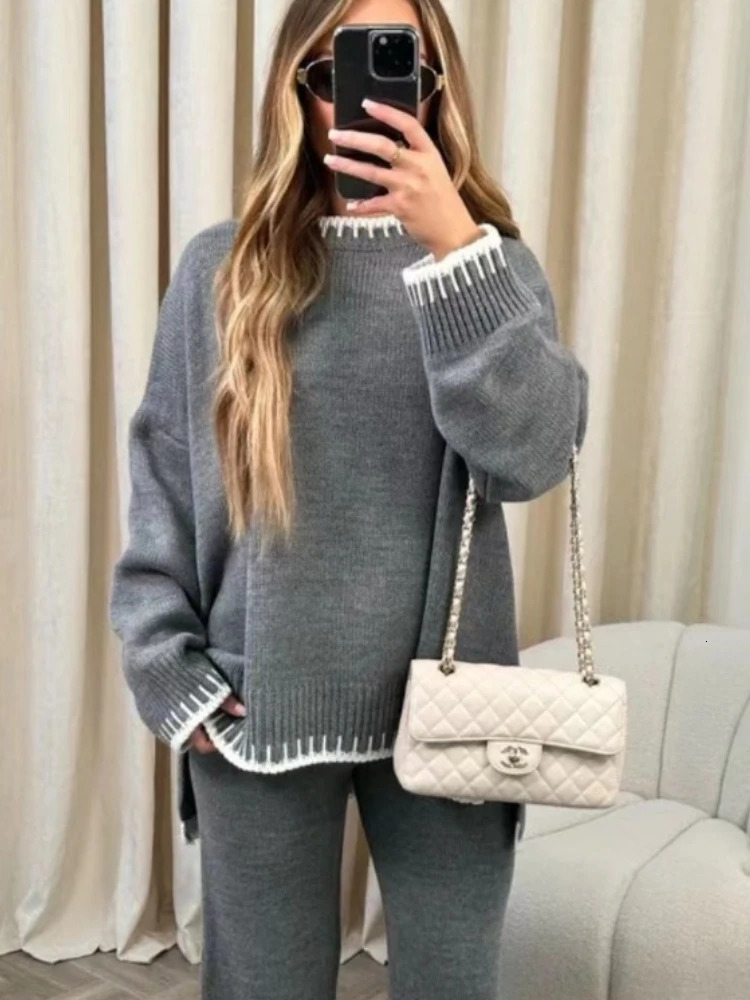 Womens pants set solid color casual loose sports style two-piece clothing autumn and winter simple daily wear 241023