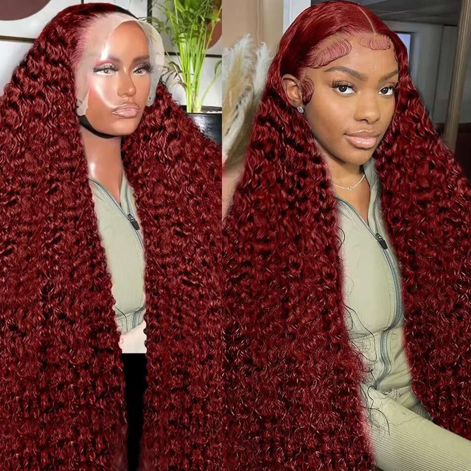 99J Burgundy Red Colored Deep Curly 13x4 Lace Frontal Wig Deep Wave 13x6 HD Lace Front Human Hair Wigs For Women 180 Density