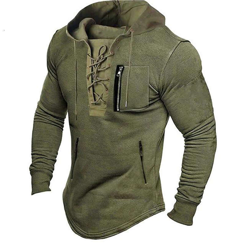 Autumn Men Spring Top Lace Up Drawstring Solid Color Long Sleeve Zipper Pockets Pullover Streetwear Mid Length Hoodie