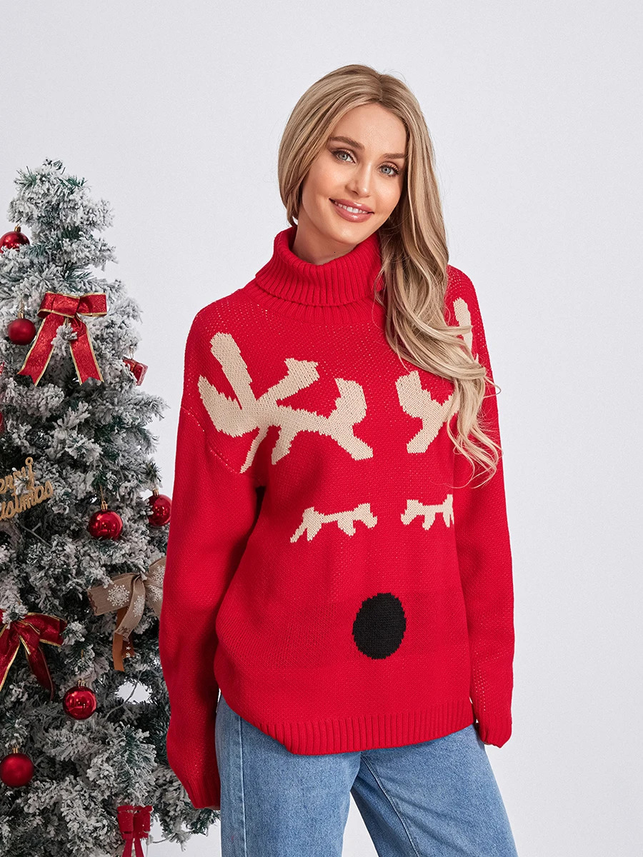 Women s Christmas Sweaters Long Sleeve Turtleneck Elk Print Pullovers Casual Knit Tops 241021