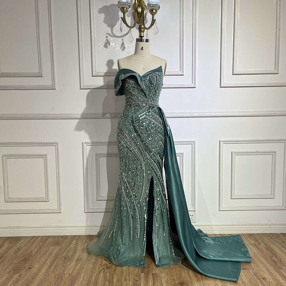 Serene Hill 2024 Arabic Turquoise Beaded Evening Dresses Dubai Elegant One Shoulder Women Party Gown