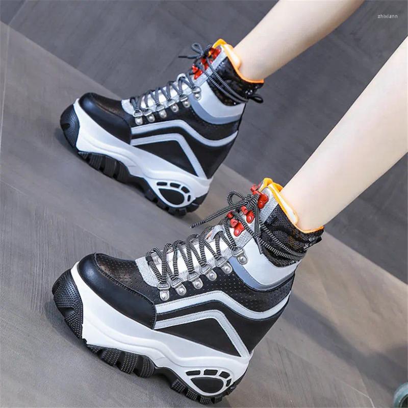 Boots High Top Fashion Sneakers Women Lace Up Genuine Leather Heel Ankle Female Shiny Glitter Round Toe Platform Pumps Shoe