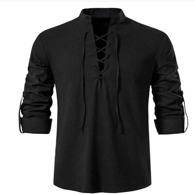 mens V-neck T-shirt fashionable retro thin long sleeved mens casual breathable Viking front lace mens shirt 241023