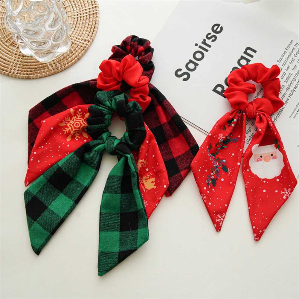 Christmas Hair Ties Scrunchies Santa Claus Coarse Checkered Bow Hair Rope For Girls Elastic Ponytail Holder Hair AccessoriesX241021