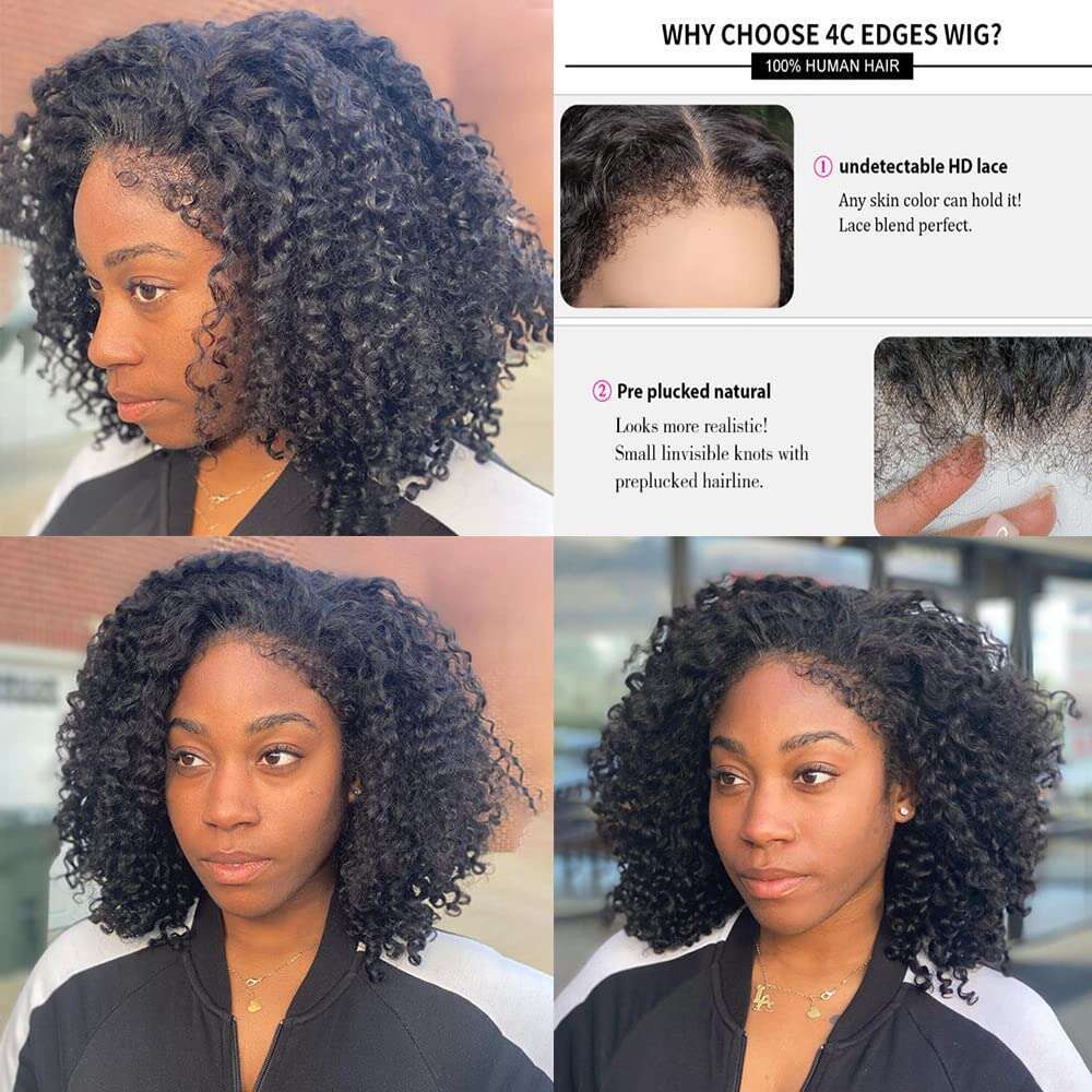 4C Kinky Edges Natural Haire Glueless Human Ready To Go Curly Bob 13x4 Transparent Lace Front Wig With Bady Hair
