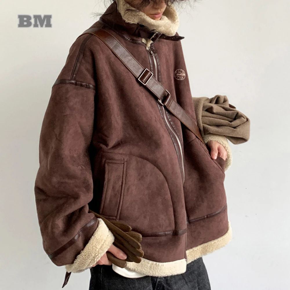 Winter vintage suede wool stand up collar jacket mens womens Korean streetwear high-quality couple jacket Harajuku thick top 241023