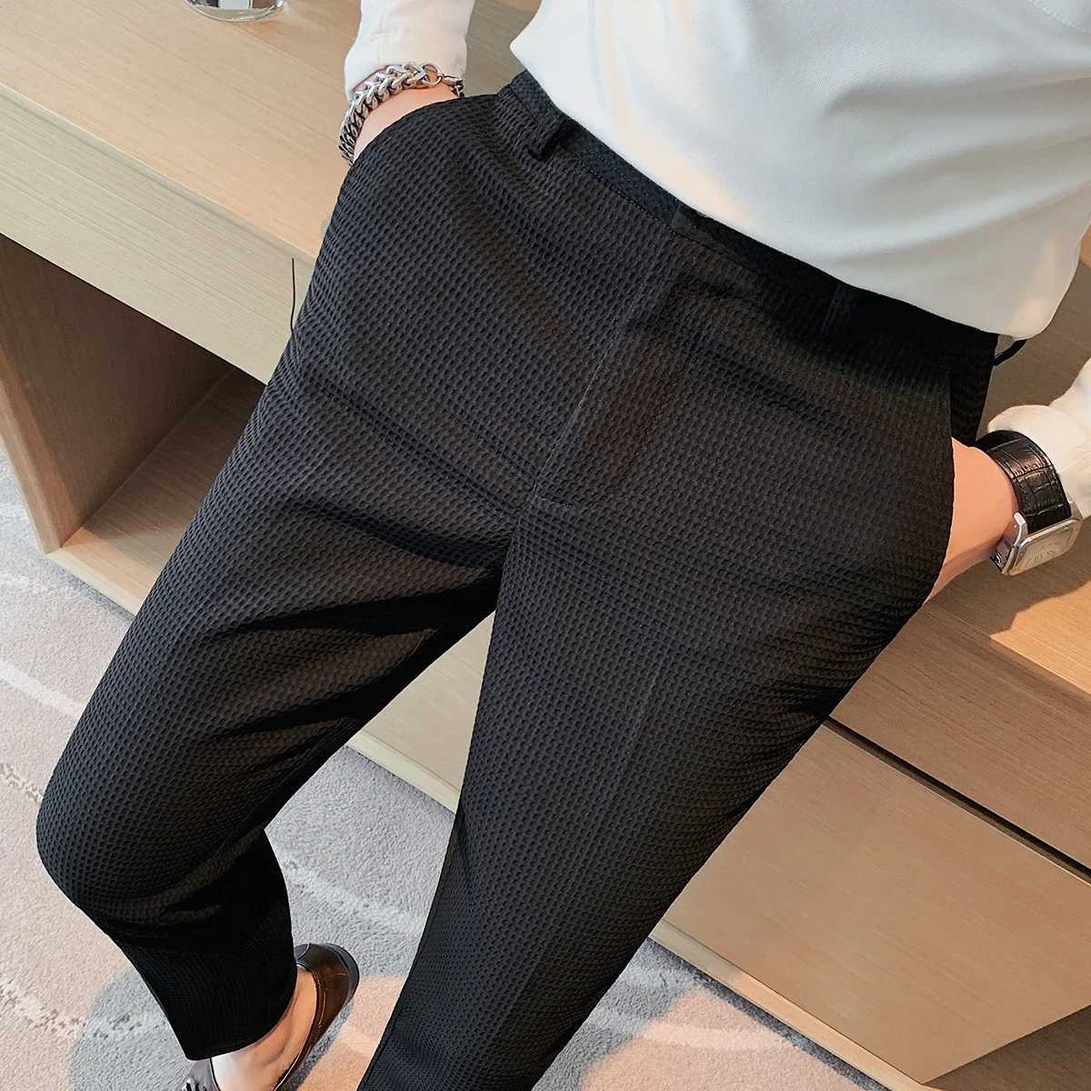 Fashion Waffle Stretch Mens Pants 2024 New Business Straight Slim Fit Social Party Suit Pants High Quality Formal Wear TrousersX241023