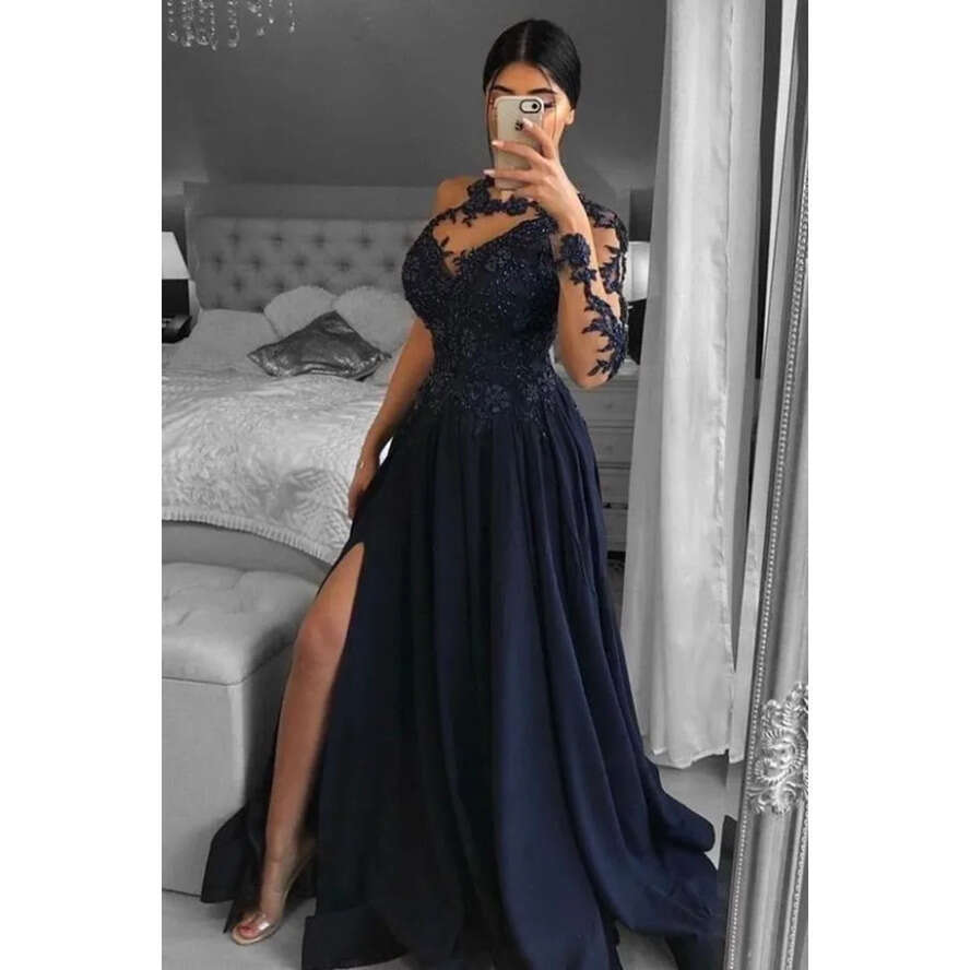 Lace Elegant Navy Blue Chiffon Evening With Front Split A E Appliques Jewel Neck Sheer Long Sleeve Prom Gowns Bridesmaid Dresses Bc12339 ppliques