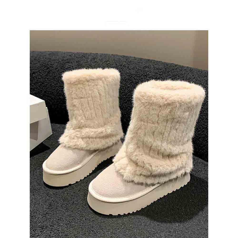 Winter Boots With Fur Round Toe Boots-Women Flat Heel Clogs Platform Female Shoes Australia Plush 2024 Lolita Rubber Padded Mid