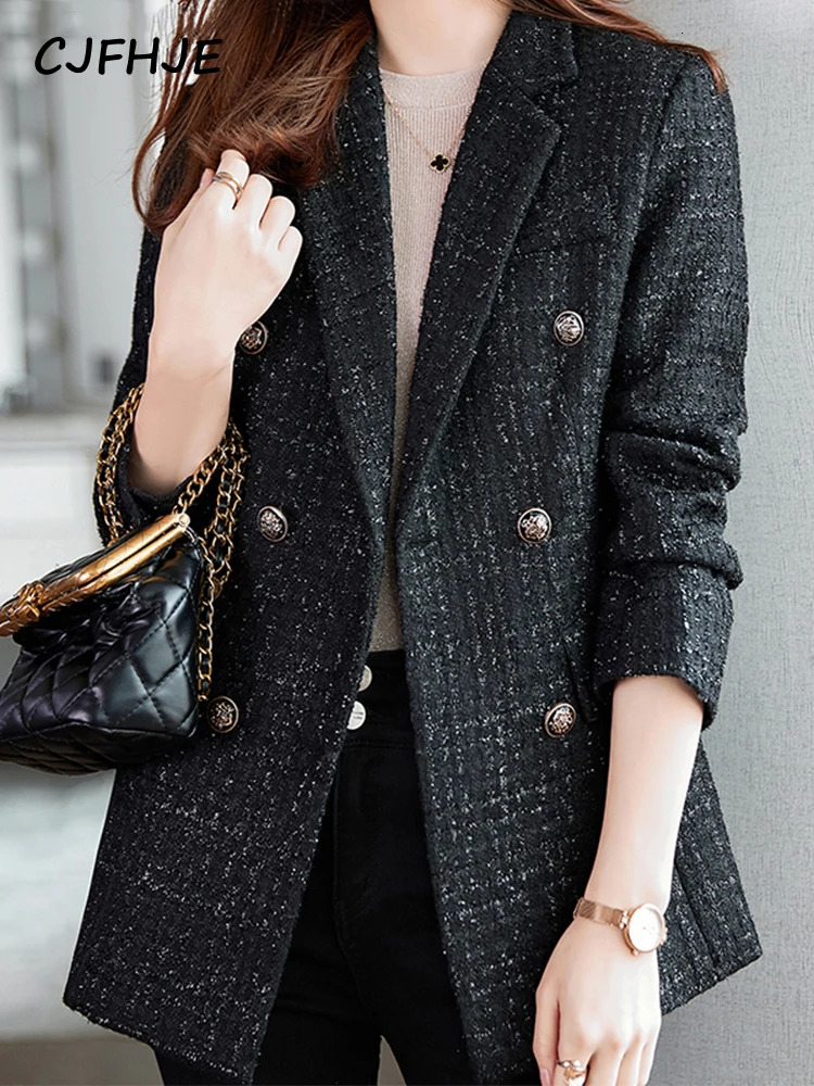 CJFHJE navy blue winter tweed jacket womens thick long sleeved button elegant womens jacket double chest coat 241023