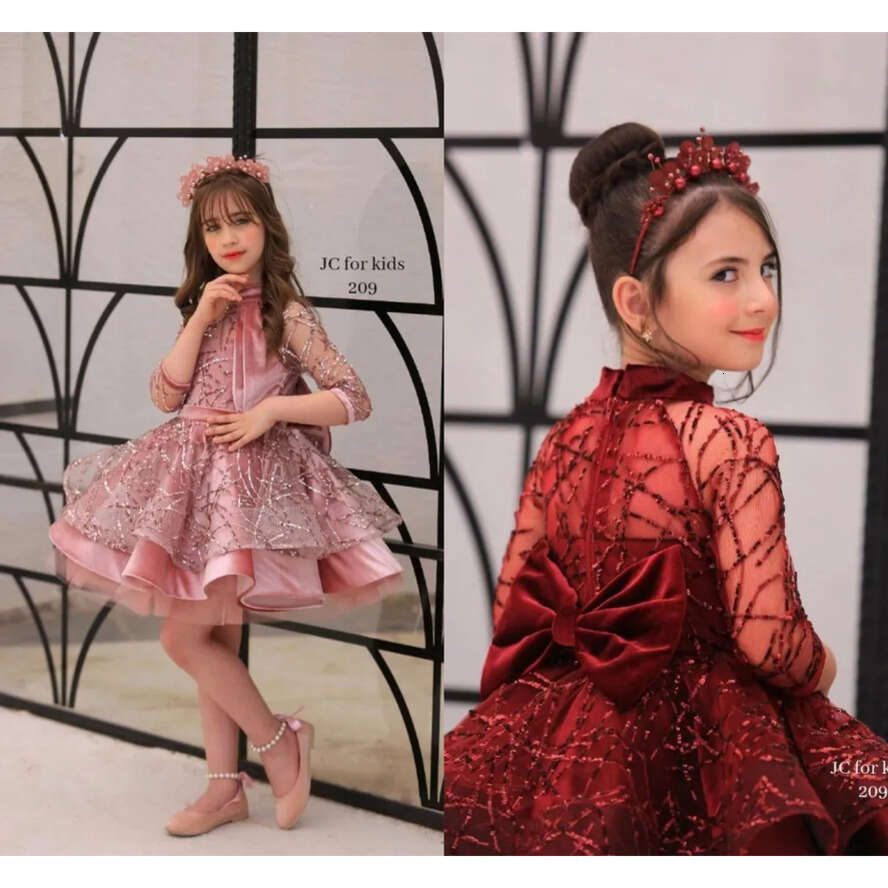 Tutu Cupcake Tier Ruffle Girls Pageant Princess Pink Red Sequined Beadings Short Wer Girl Dresses With Sheer 3/4 Sleeves Bow Sash Back Kids Dress Bc18