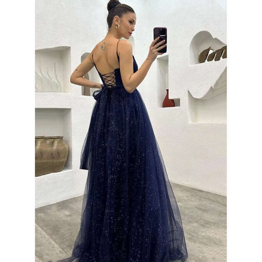 Navy Blue Sequined Reflective Evening Dresses Sexy Backless A E Spaghetti Straps Split Women Ocn Party Prom Gowns Plus Size Bc18588