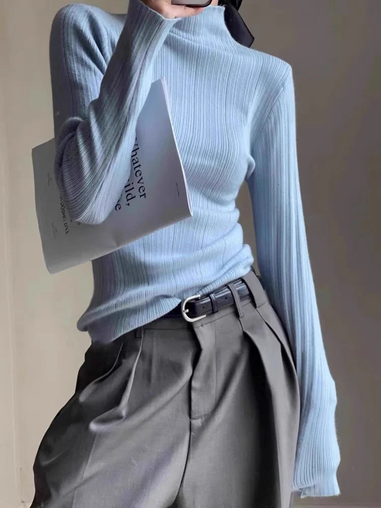 Deeptown Basic Turtleneck Crop Sweater Women Casual Knitted Pullover Solid Color Jumper Long Sleeve Tops Slim Bottoming Shirt 241021