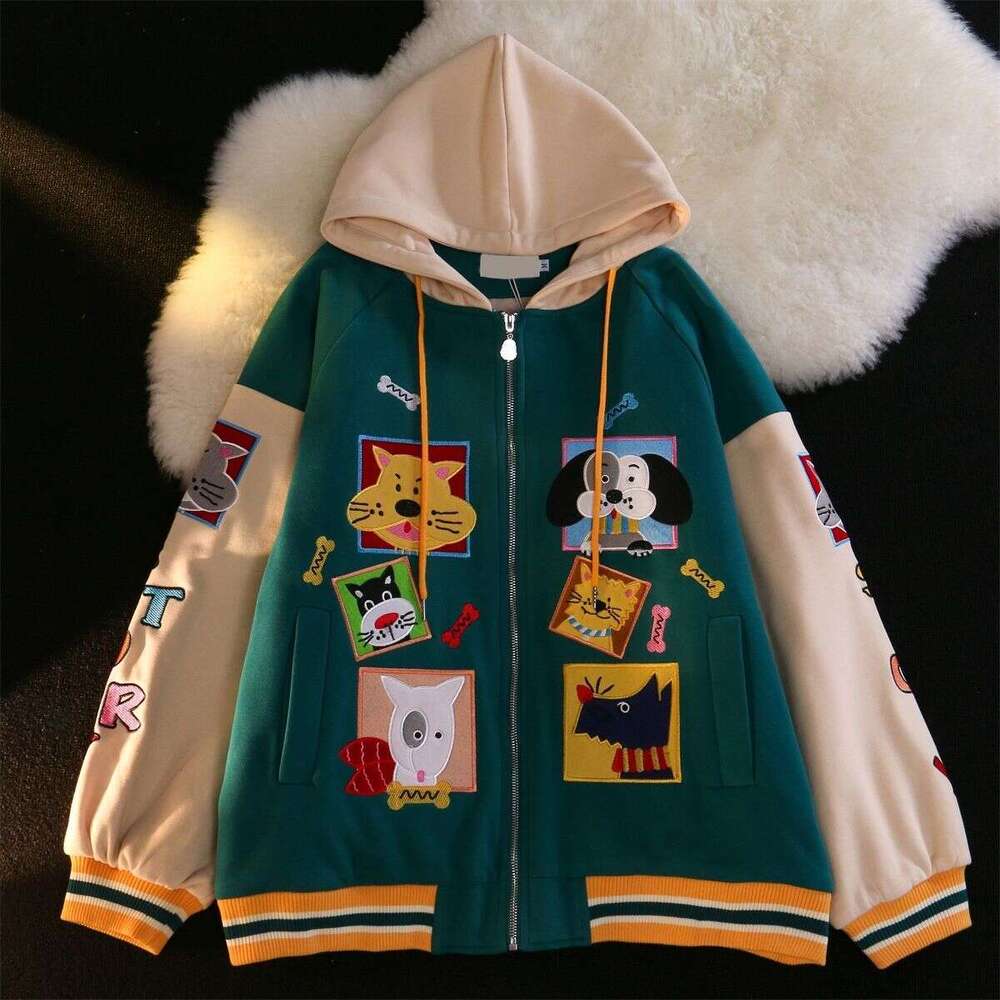 High end Block Color Vintage Cute Cartoon Print Zip Up Hoodies Women Kawaii Spring Clothes Sweatshirt Jackets Coats Oversized Teens