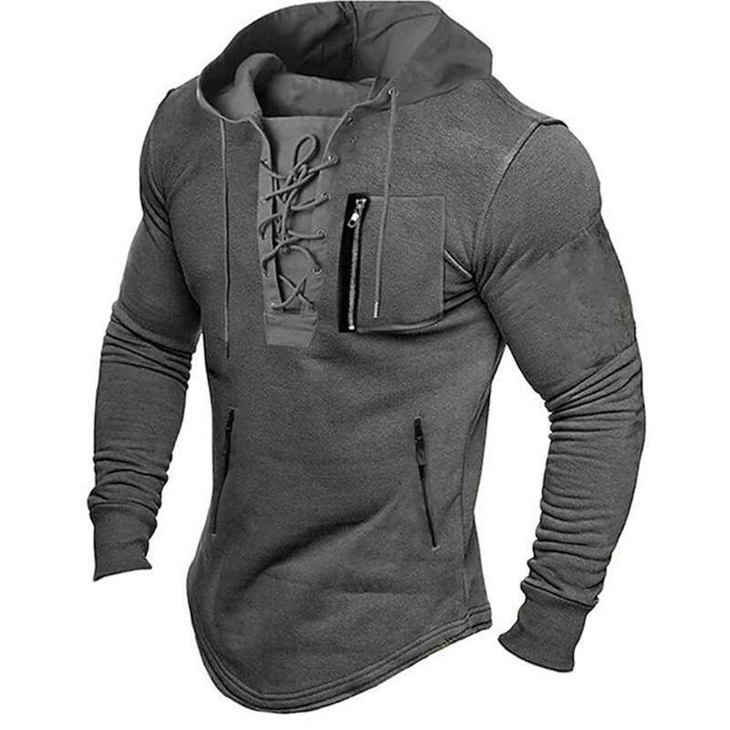 Autumn Men Spring Top Lace Up Drawstring Solid Color Long Sleeve Zipper Pockets Pullover Streetwear Mid Length Hoodie