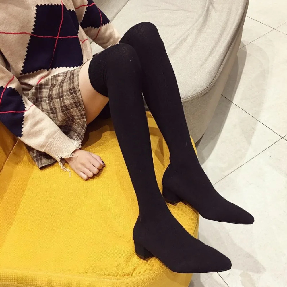 Thick wool socks boots pre sewn knitted short Japanese long strip knee up womens boots heels casual women 250225