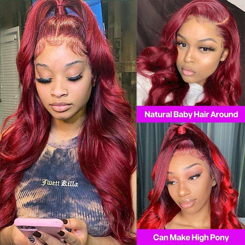 200% Body Wave Bury 99J Front 13x4 13x6 HD Lace Frontal Human Hair Pre Plucked 99j Red Colored Wig