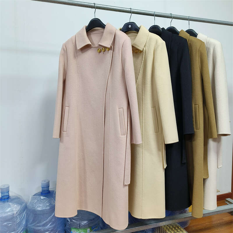 Rose Double-Sided Cashmere Women New Autumn Winter Lace-Up Metal Buckle Thick Wool Mid-Length Trench Coat