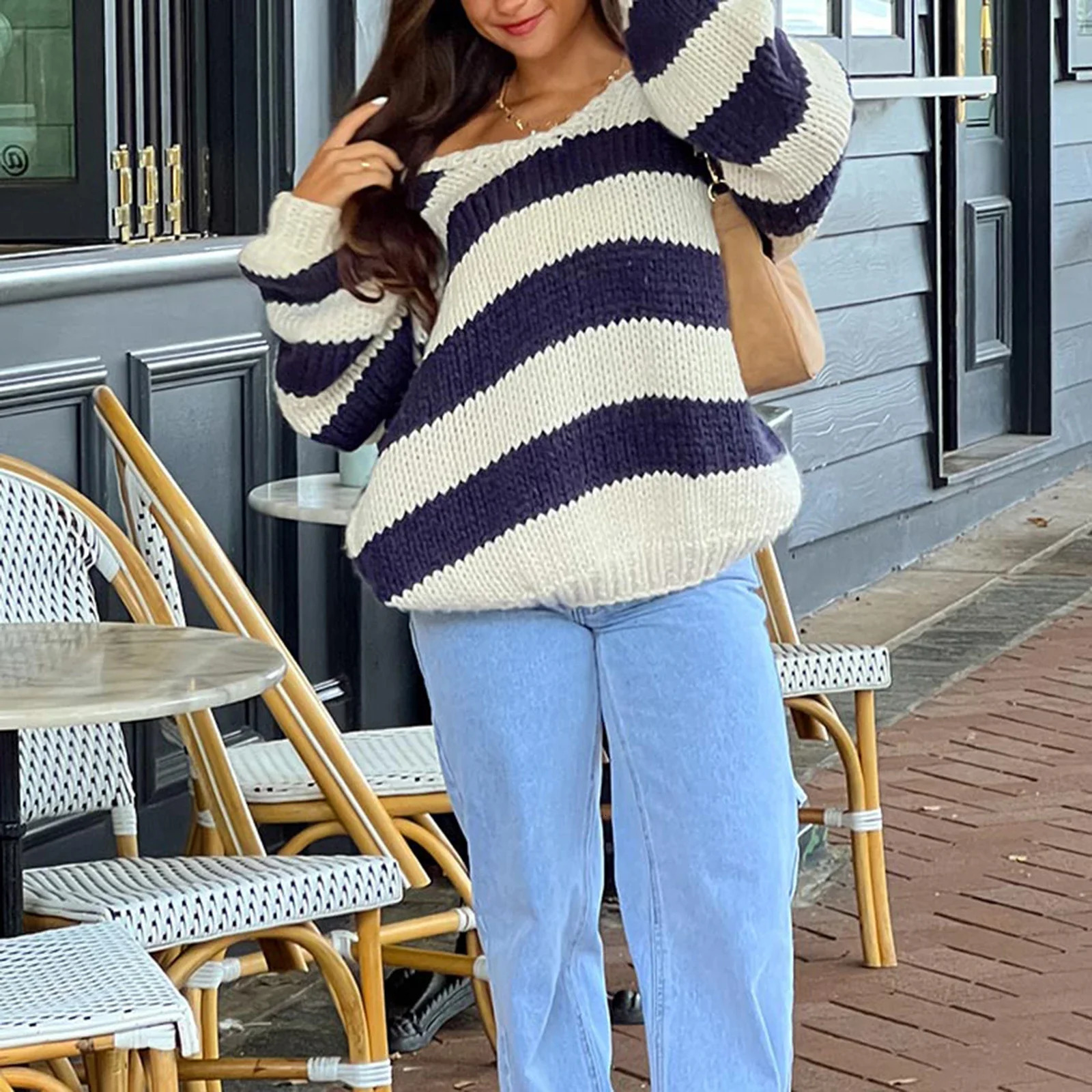 Womens Y2K Retro Fall Striped Contrast Color Sweaters Drop Shoulder Long Sleeve VNeck Loose Fit Knitted Pullover Tops 241021