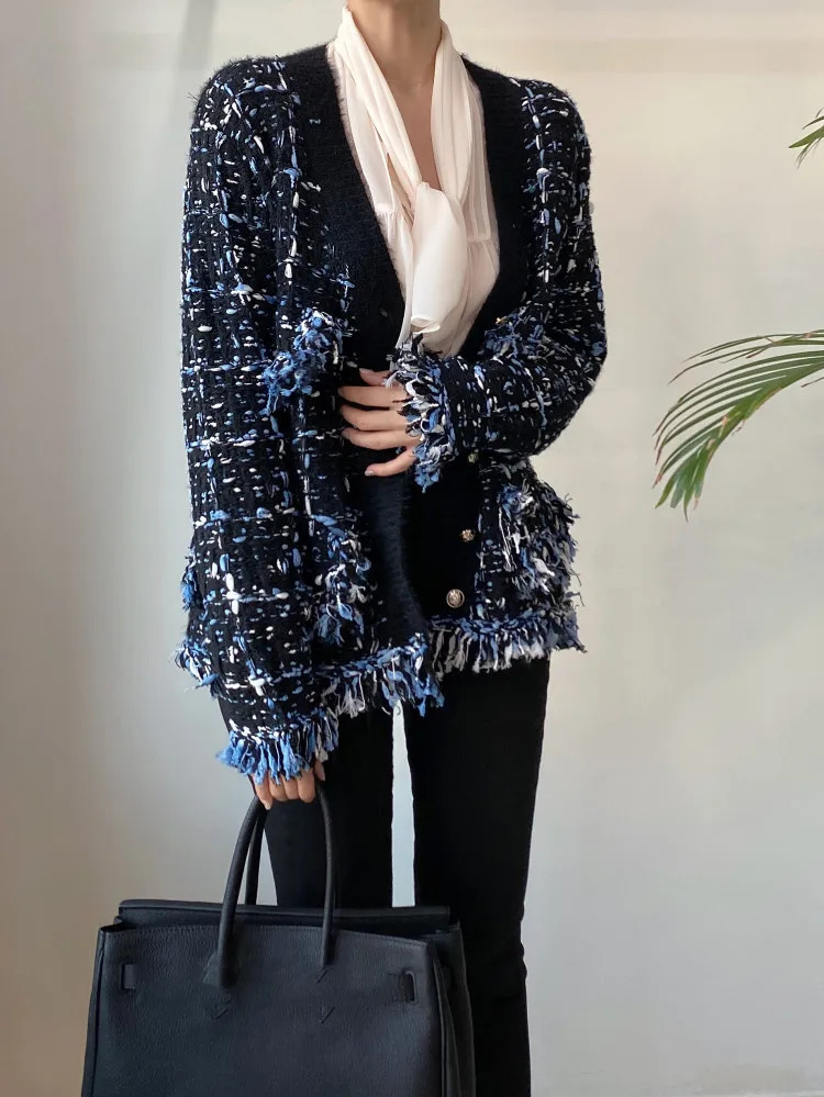 Korean fashion autumn V-neck tassel wool blend cardigan wool loose long sleeved sweater 241022