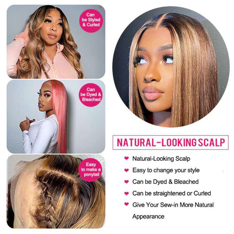 Honey Blonde Wig Straight Front Brazilian Highlight Human Hair Lace Frontal For Women