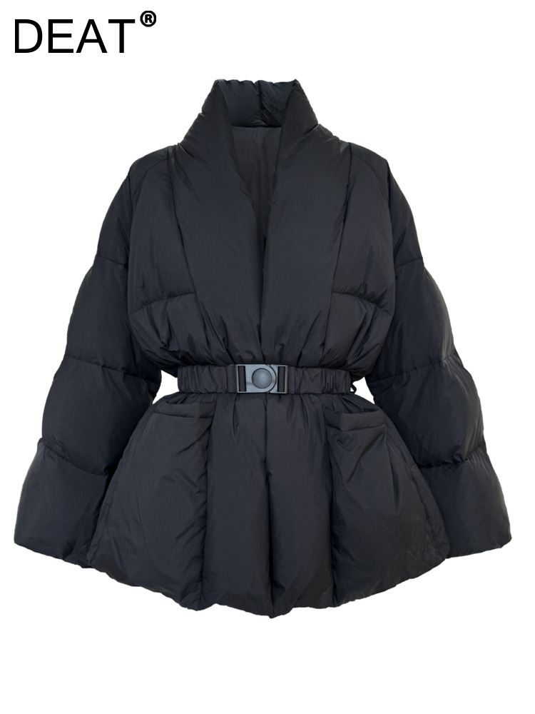 DEAT Fashion Women's V-Neck Long Sleeve Stuffed Duck Down Jackets Belt Loose Thick Warm Solid Color Coat Winter New 7Ab2813