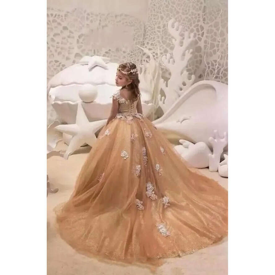 Girls Pageant Princess Gold Sheer Jewel Neck Cap Sleeve Appliques Beads Ruffles Long Wer Girl Dresses Custom Made Toddler Party Gowns Bc0027