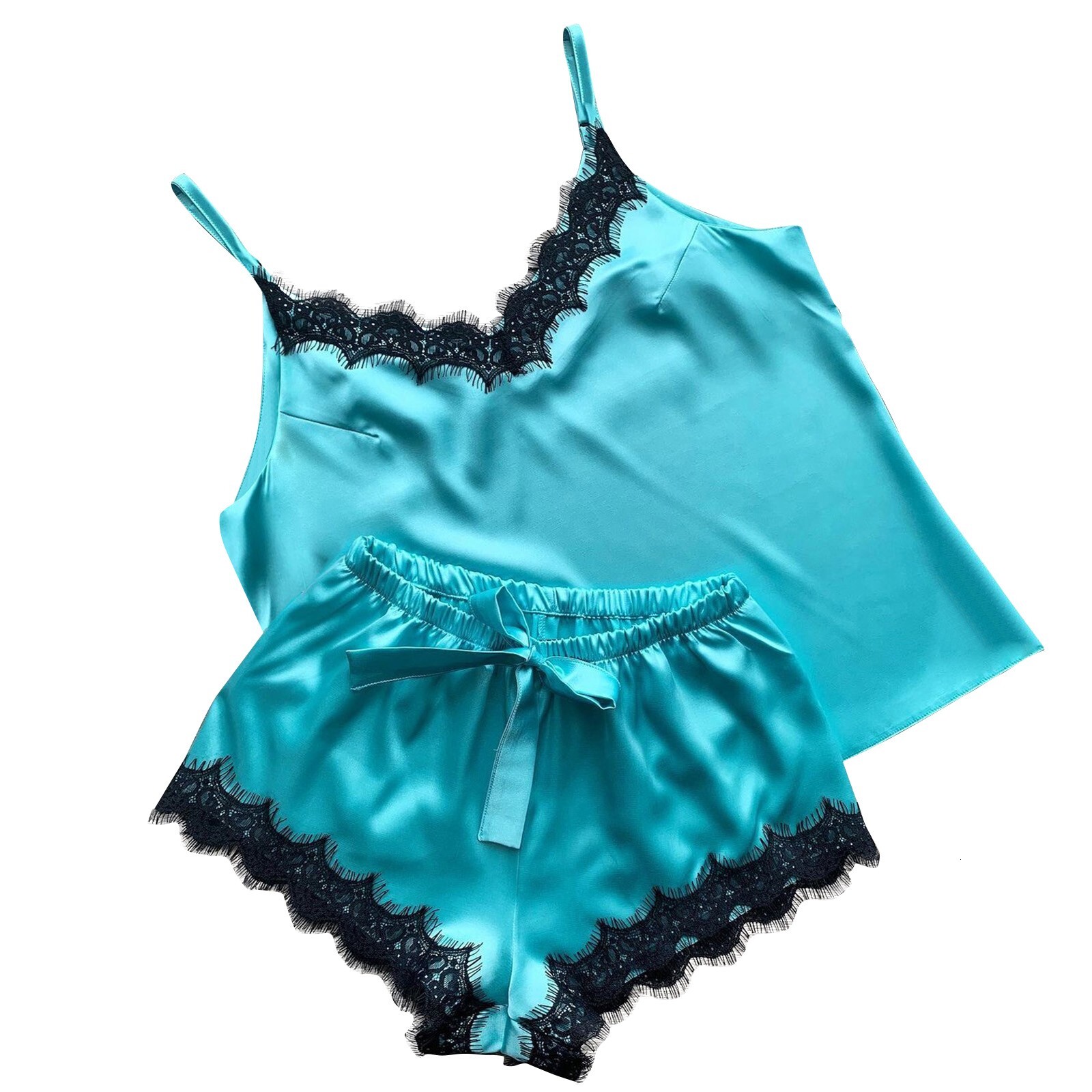 2025 fashion New designer sexy women s plus size satin lace V neck vest bow shorts set pajamas Pamas gerie