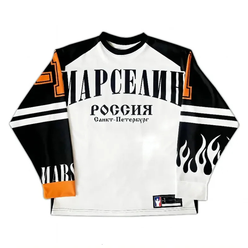 Russian Y2K sports shirt mens Harajuku hip-hop letter oversized TShirt breathable staff collar cotton long sleeved top 241023