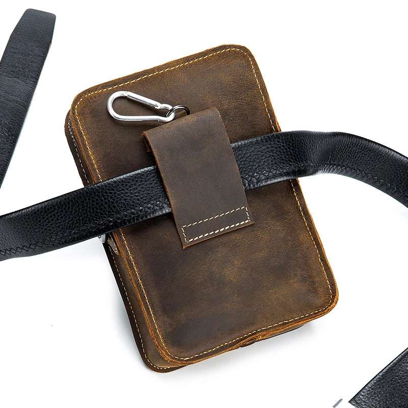 Crazy Horse Skin Mens Wear with Mobile Phone Waist Bag Top layer Cowboy Multi functional Single shoulder Cross body Mobile Phone Bag 241023