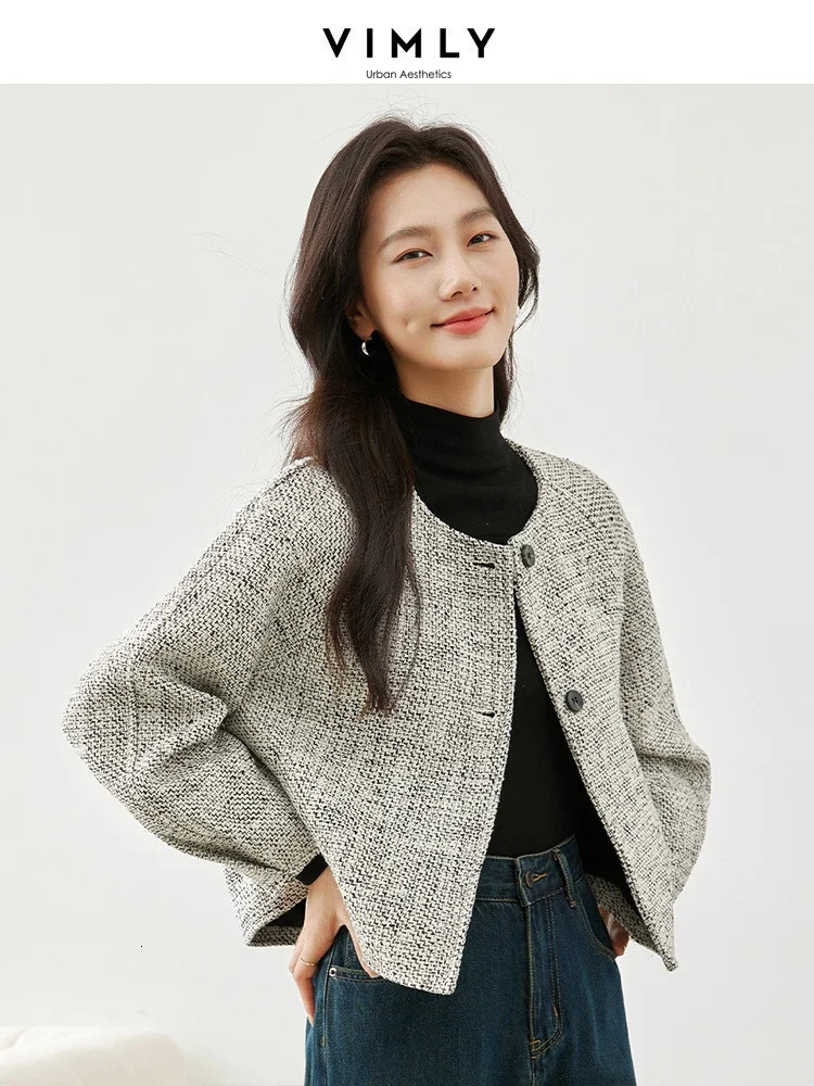 Vimly Plaid O-neck Cropped Coarse Felt Jacket Winter Thick Warm Loose Quilted Coat Office Womens Elegant Womens M5332 241023