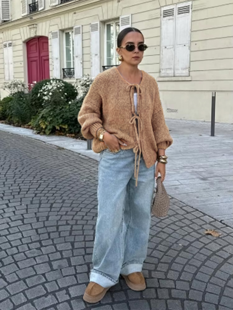 Fashion Casual Brown Lace Up Bow Knitted Cardigan O-Neck Long Sleeve Hollow Out Sweater Autumn Female High Street Knitwear