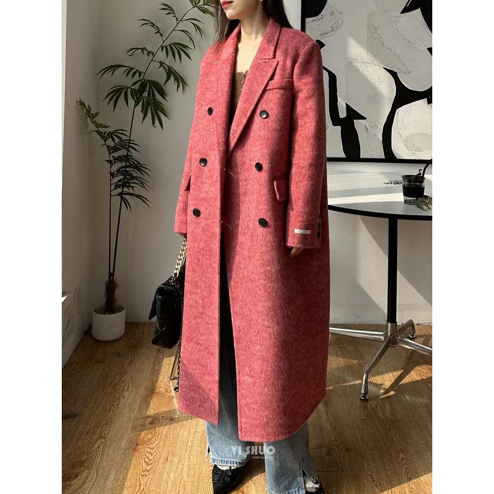 Rose Double-Sided Cashmere Rose Red Long Fashion Suit Collar Double-Breasted Wool Coat Women 2024 New Winter