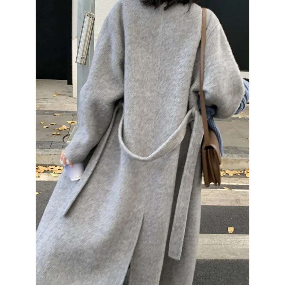 Rose Double-Sided Alpaca Korean High Quality Light Grey Winter New Collarless Bathrobe Wool Coat Women