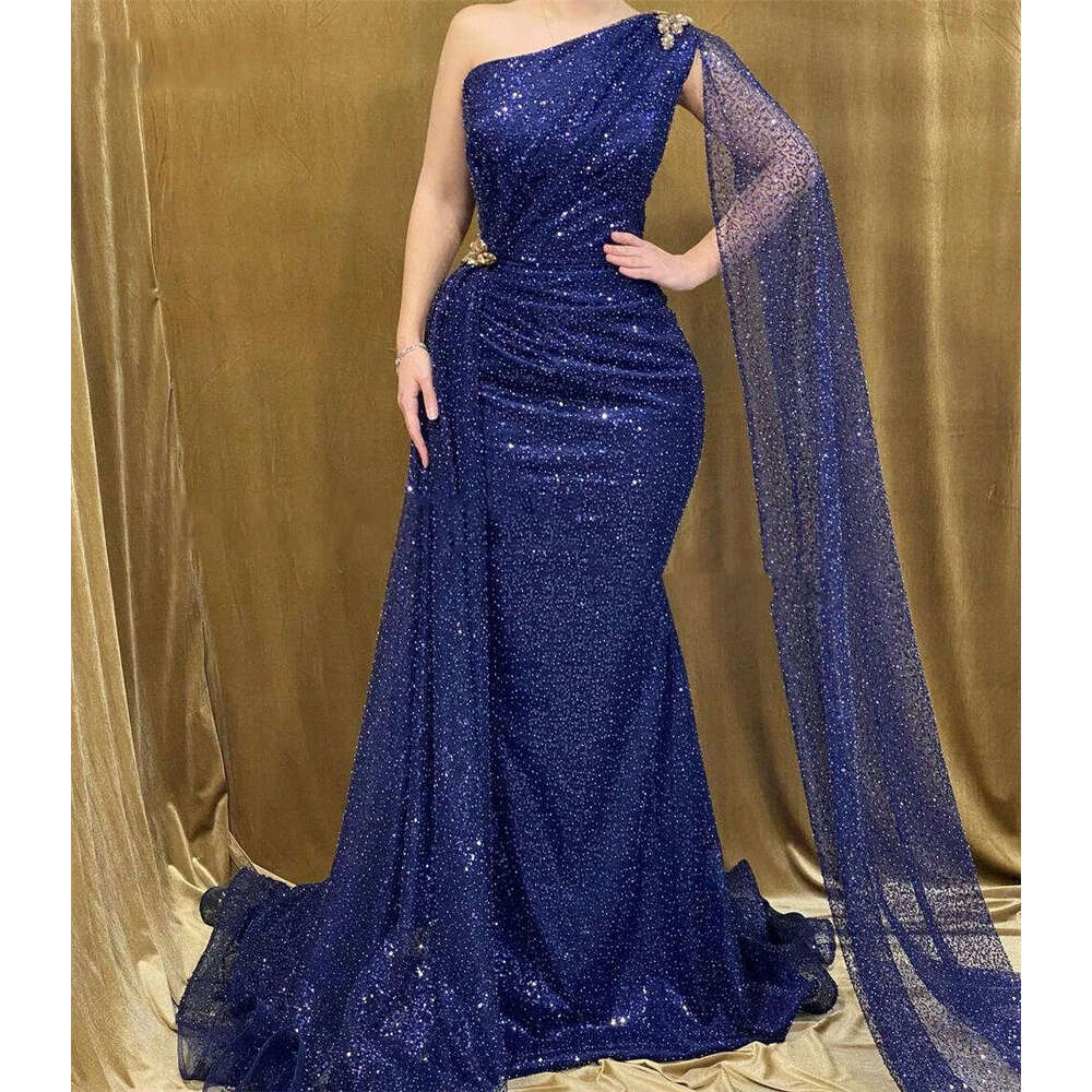 Sexy Exquisite Long Evening Dresses Fashion Sparkg Beading Beautiful One Shoulder Sleeve Slimming Mopping Party Prom Gowns