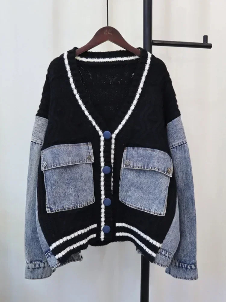 Contrast Denim Outerwears VNeck Long Sleeve Ropa Mujer Loose Woman Cardigans Autumn Winter Double Pocket Sweater 241021
