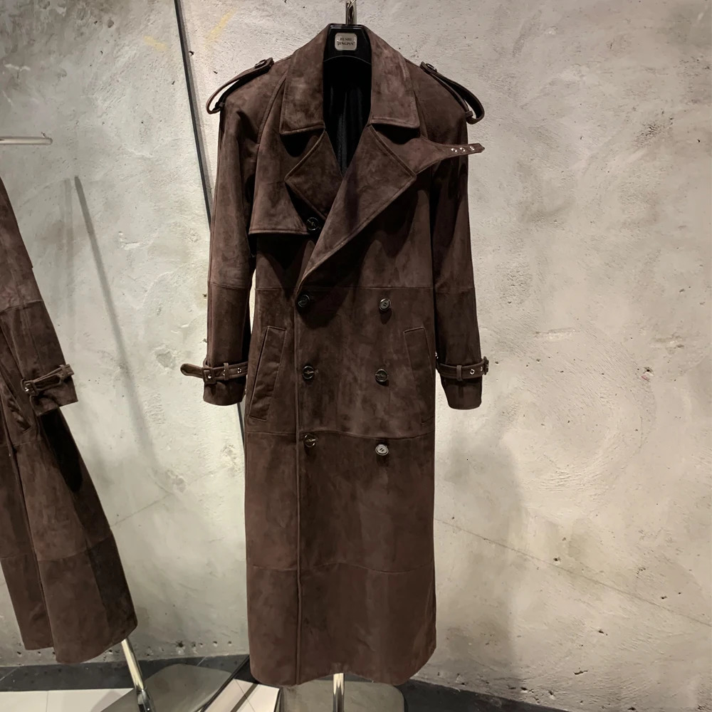 Suede leather coat womens double breasted windproof natural sheepskin coat floor length leather coat womens genuine sheepskin 23023 241023